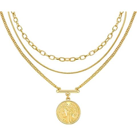 LANE WOODS Layered 18k Gold Plated Necklaces for Women - Multilayer Coin Medallion Pendant Necklace Adjustable Layering Choker Necklaces Chain Set for Women Girls Jewelry Cover