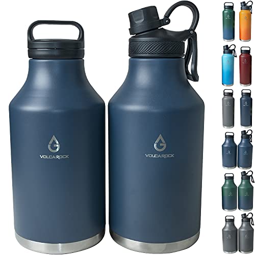 VOLCAROCK Insulated Water Bottle and Beer Growler, Wide Mouth 64 Oz Double Wall Stainless Steel Water Bottle for Hot and Cold Beverages, Leafproof BPA Free and Dishwasher Safe-64 Oz Navy Blue