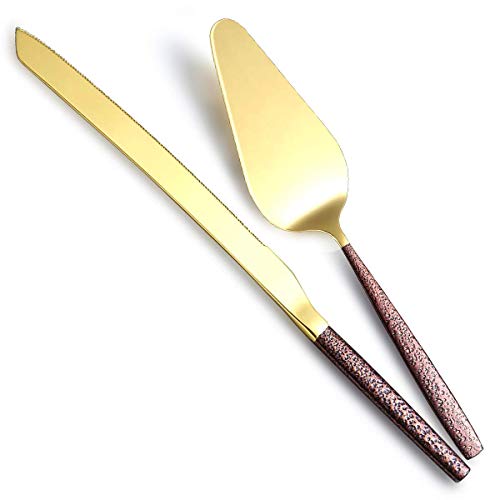 Berglander Wedding Cake Knife And Server Set With Moon Surface Handle And Shiny Gold Head, Cake Cutter,Cake Cutting Set Perfect For Wedding, Birthday, Parties and Events