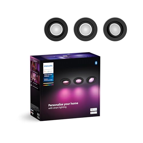Philips Hue White & Color Ambiance Centura runde Einbauspots 3er Pack (1.050 lm), dimmbare Deckenlampen mit 16 Mio. Farben, smarte Lichtsteuerung über Sprache und App, schwarz, neue Generation