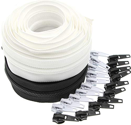 Leekayer #5 Nylon Coil Sewing Zippers by The Yard Bulk 10 Yards White and Black Colors with 20pcs Matched Sliders for DIY Tailor Sewing Craft,Luggage,Dress,Sofa Cushion, Pillow, Bag(White and Black)
