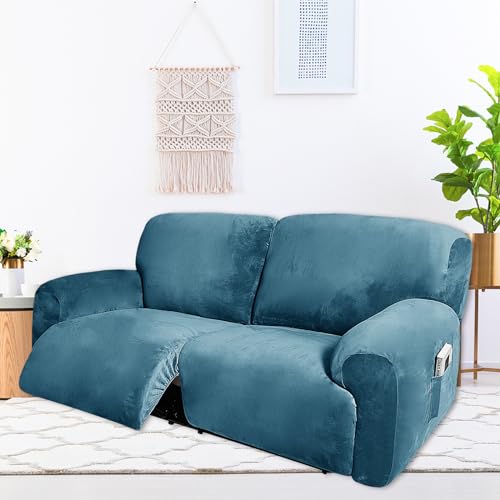 Fengshui 2 Seater Recliner Sofa Covers 6 Pcs Velvet Stretch Loveseat Couch Cover with Side Pocket, Soft Washable Reclining Chair Protector fit 75'' to 100'' Extra Wide Loveseat Armchair (Lght Blue)