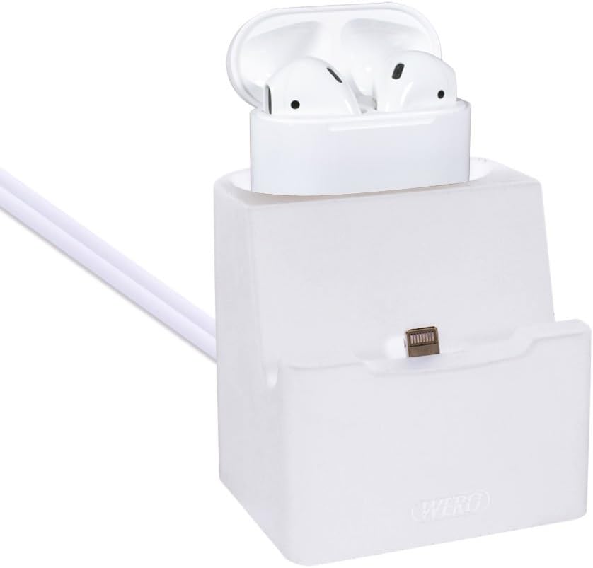 AirPods Charging Stand with 2x Lightning Charging Cables, WERO 2 in 1 [AirPods and iPhone Charger Dock] Charging Docking Station Cradle Holder for Apple AirPods, iPhone X /8/ 8plus/7/7plus/6s/6s Plus/SE/5S/5, iPad mini 4 (White Stand with Charging Cables)