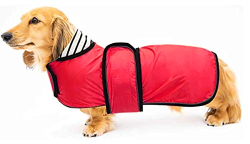 Geyecete - Verstellbar leicht Hundejacke für Dackel ,Regenmantel mit reflektierenden Trägern, Regenjacken mit Gürtel mit Klettverschluss für Dackel-Rot-XL Cover