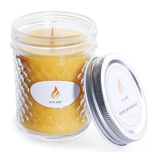 5oz Pure Beeswax Candle in Glass, Natural Raw, 26H Burn, Cotton Wick