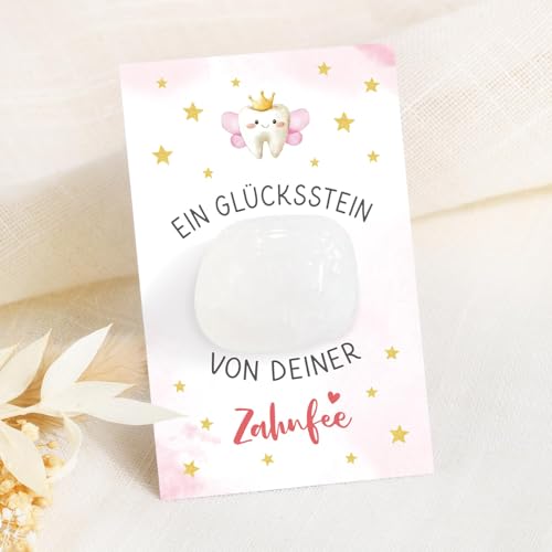 BOFUNX Zahnfee Geschenk, Glücksstein + Zahnfee Karte + Organzasäckchen, Mädchen Zahnfee Geschenk Andenken
