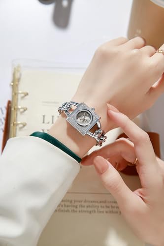 Image of Giordano Analog Quartz Watch for Women with Textured Square Dial, Crystal Studded Bezel, Blue Crown, Stainless Steel Strap - GZ-60160