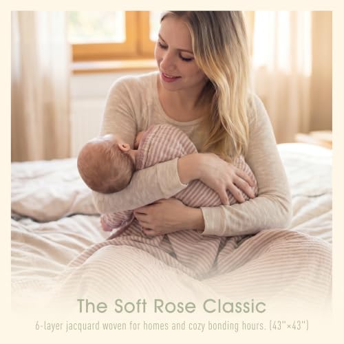 Image of Ultra Soft Muslin Baby Blanket - Made with Organic Cotton, Earthy Botanicals Jacquard Swaddle & Crib Quilt, 43x43 (Dusty Pink Stripes)
