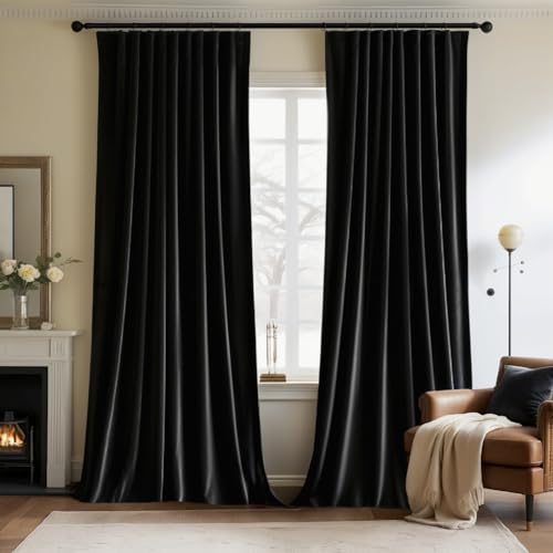 Image of MIULEE Black Velvet Pinch Pleat Blackout Curtains W52 X L96 Inches | 2 Panels,Luxury,Thermal Insulated,Super Soft,Back Tab & Rod Pocket,for Bedroom Living Room