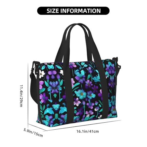 purple and teal flower print Travel Duffel Bag,workout duffel bag, overnight shoulder Bag,Weekender Bag for Women Men4