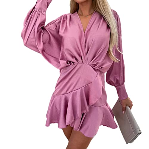 Robe plissée col en V à volants pour femme | Mini robe violette