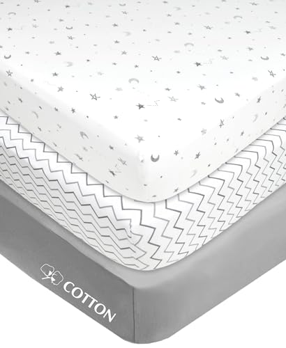 Image of American Baby Company 3 Pack 100% Natural Cotton Fitted Pack and Play Sheets 39 inch x 27 inch - Soft & Breathable Pack N Play Sheets for Playard & Mini Crib Mattress, Gray Star /Zigzag, for Boys & Girls