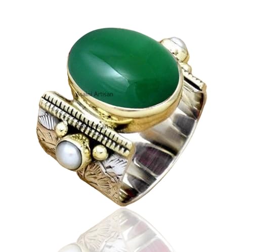 10x14 MM Oval Gemstone Solid 925 Sterling Silver Two Color 15MM Wide Band Ring with Tiny Freshwater Pearl Accents for Women Gift