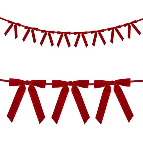 Wine Red Velvet Bow Banner,210cm Long Pre-Strung Christmas Garland Banner with 8Pcs 17 * 24cm Bows for Xmas Tree Fireplace Window Staircase Decor (Burgundy)