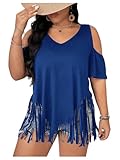 OYOANGLE Women's Plus Size Cold Shoulder Fringe Trim Tee Shirts V Neck Short Sleeve Tees Royal Blue 2XL