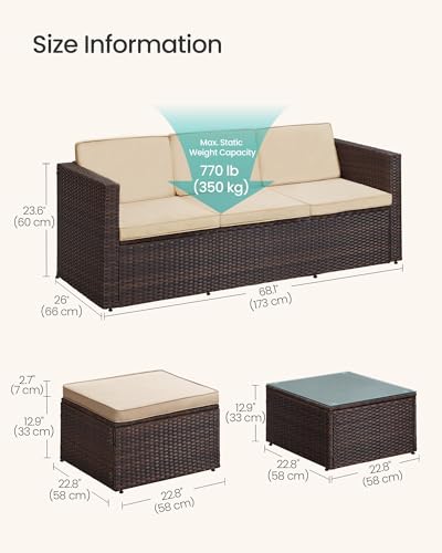 SONGMICS Garden Furniture Set, PE Outdoor Corner Sofa Couch, Handwoven Rattan Patio Conversation Set, with Cushions and Glass Table, Brown and Taupe GGF005K05 5 SONGMICS Garden Furniture Set, PE Outdoor Corner Sofa Couch, Handwoven Rattan Patio Conversation Set, with Cushions and Glass Table, Brown and Taupe GGF005K05 - Image 5