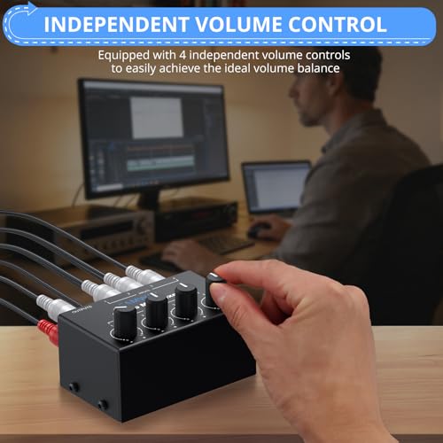 Image of CAMWAY Audio Mixer 4 Channel - Mini RCA Stereo Audio Mixer for PC, X-box,PS4 Gaming,TV,PC,Music,Streaming,DJ Mixing,RCA Input with Independent Volume Controls,Professional Sound,Plug and Play
