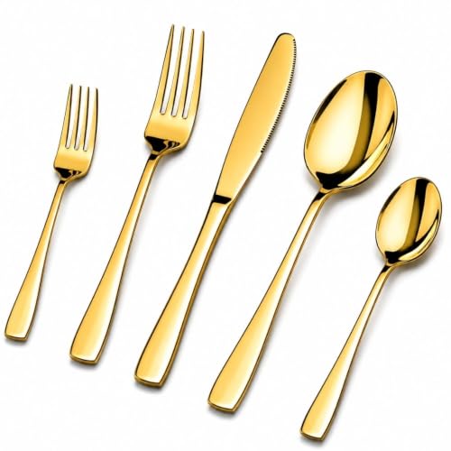 Image of 5 Pcs Gold Cutlery Set for Dining Table the Perfect Mirror Polish Hevy Duty Tableware Including Dinner Spoon, Dinner Fork, Dinner Knife, Dessert Spoon & Dessert Fork