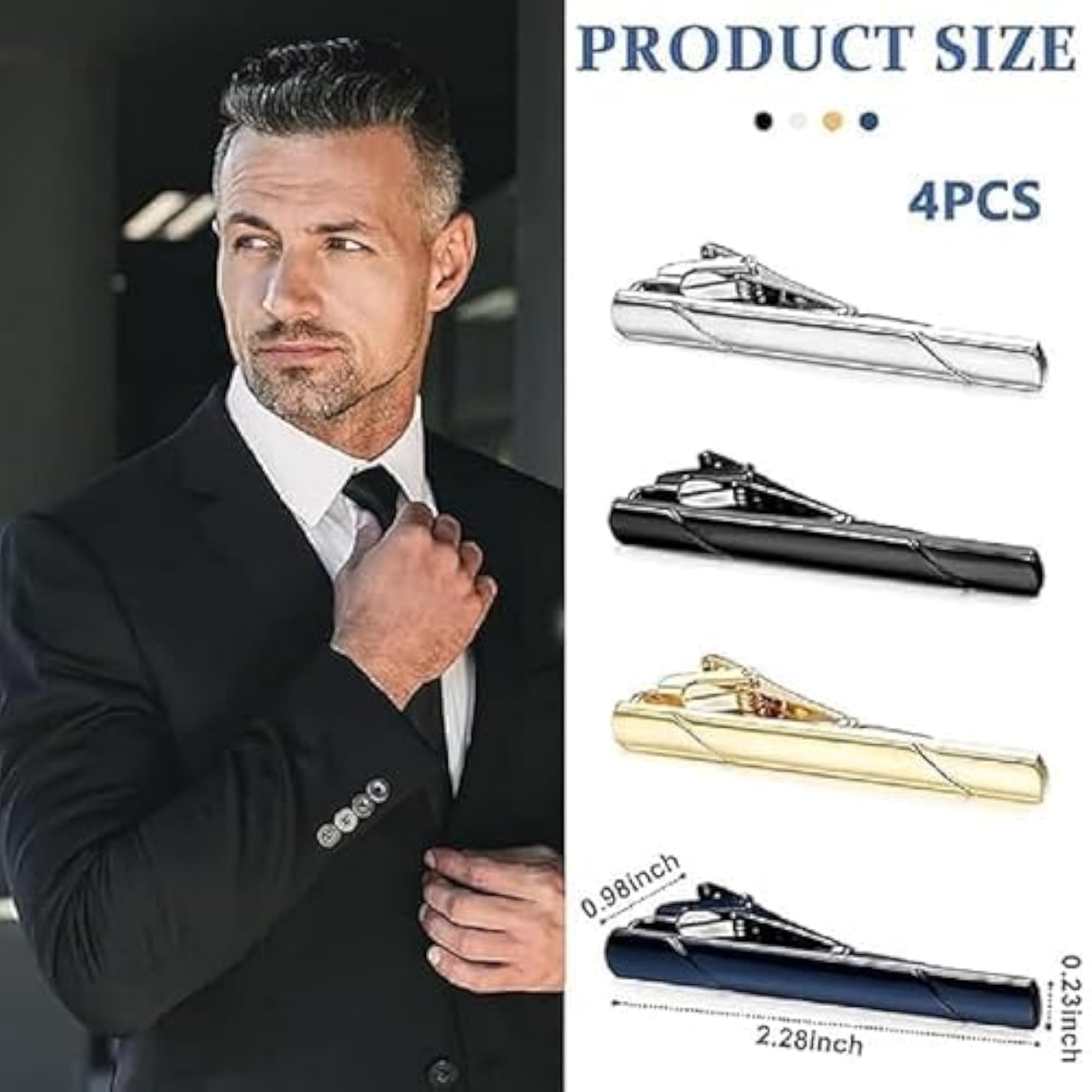 Men's Tie Clips Set of 4, Metal Necktie Bar Clasp