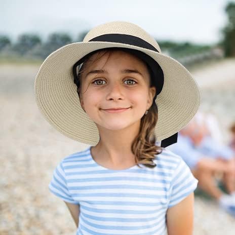 Girls Wide-Brim Straw Sun-Hat for Summer Beach with Bow 8 to 16 Years - Image 4