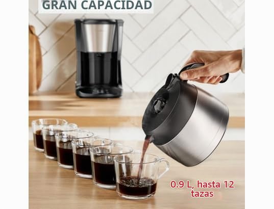 Moulinex Subito, Cafetera Filtro programable con jarra isotérmica, Capacidad de 0,9L, 12tazas, FT5S2DE0