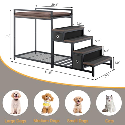 kepptory Pet Bunk Bed with Stairs and Storage, Dog Beds Attachment to Human Bed, Bedside Dogs Cot for Small, Medium Cats & Dogs, Pet Window Perch (Brown)