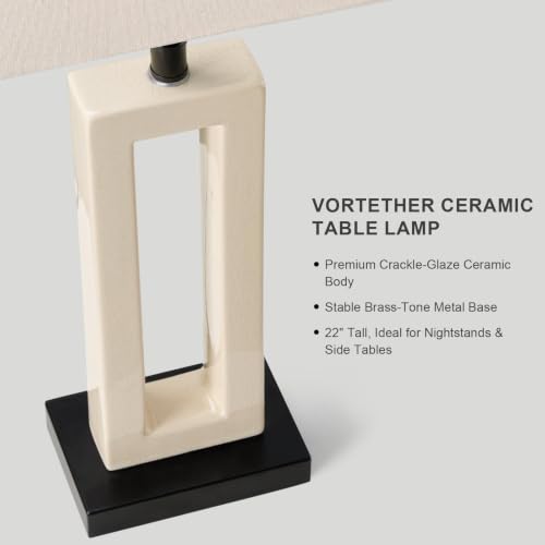 Image of 22 inch Modern Ceramic Table Lamps Set of 2, Cream Crackle Glaze Hollow Bedside Lamps with Linen Shade, 5ft Cord Rotary Switch E26 Base Nightstand Lamps for Bedroom Living Room Entryway Decor