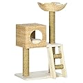 PawHut Cat Tree for Indoor Cats Kitten Tower Cattail Weave with Scratching Posts, Cat House, Bed, Ladder, Washable Cushions - Natural Finish