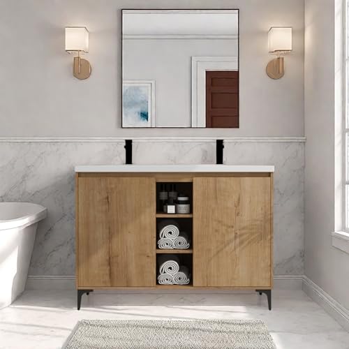 Image of Freestanding Bathroom Vanity, 48 inch Bathroom Storage Cabinet with Double Resin Sinks, 2 Soft-Close Doors & 3 Open Storage Shelves, Floor Vanity with Adjustable Shelf & Black Tripod Base, Oak