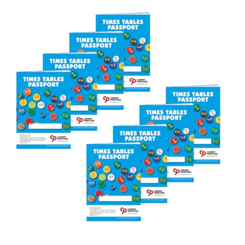 Image of Cherry Printers | Times Tables Workbook A5 | KS1 KS2 Maths Practice Book | Multiplication Tables Learning Passport | 36pp Study Guide with Fractions | Prime Numbers | Measure Conversions **8 Pack**