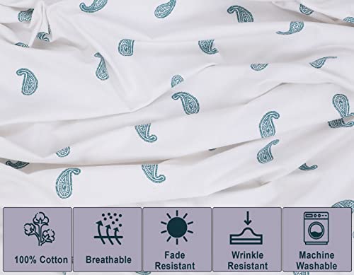 Ruvanti 100% Cotton 4 Pcs Flannel Sheets King, Deep Pocket, Warm, Super Soft, Breathable, Moisture Wicking Sheets For King Size Bed Include Flat, Fitted Sheet, 2 Pillowcase. Paisley White, Teal #TOP2