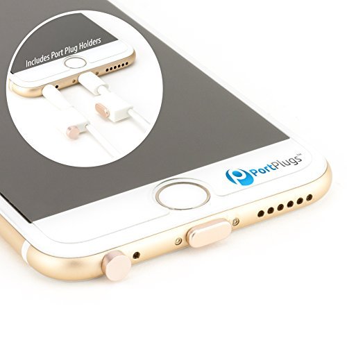 PortPlugs – Aluminum Finish Dust Plug Set – Charger & Headphone Jack Plugs – Compatible with i phone 5, SE, 6, 6s, Plus, iPad Air, iPod 5, 6 – Includes Holders | Rose & Gold (2 Pack)