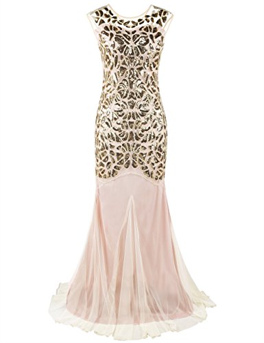 PrettyGuide Mujeres 1920s Lentejuela Gatsby Flapper Sirena Formal Vestido de Noche M Oro Beige