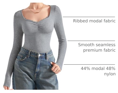 Image of SUUKSESS Women Sweetheart V Neck Long Sleeve Tops Lace Trim Ribbed Modal Fall Going Out Shirts