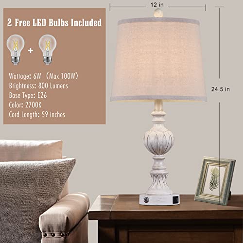 Luvkczc Set Of 2 Farmhouse Table Lamp, Dual Usb Charging Ports With 3-Way Dimmable Nightstand Table Lamps, Retro Nightstand Lamp With Linen Fabric Shade, Lamps For Living Room, Included Led Bulbs #TOP3