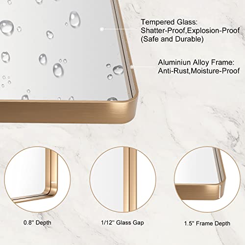 Loaao 30”X36” Gold Bathroom Mirror, Rounded Rectangle Gold Frame Mirror, Brushed Gold Bathroom Vanity Mirror Wall-Mounted, Anti-Rust, Tempered Glass, Hangs Horizontally Or Vertically #TOP5