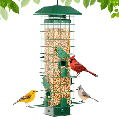 GAINSEN Squirrel Proof Bird Feeder, Metal Bird Feeders for Outdoors Hanging, Weight Activated, 3Lb Capacity, 4 Ports, All-Weather Tube Bird Feeder for Outside, Cardinal Finch Bluebird Wild Bird Feeder