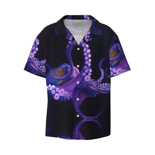Camisa de vestir para hombre con estampado de pulpo morado, ajustada, manga corta, informal, para negocios, con botones, Negro, 60