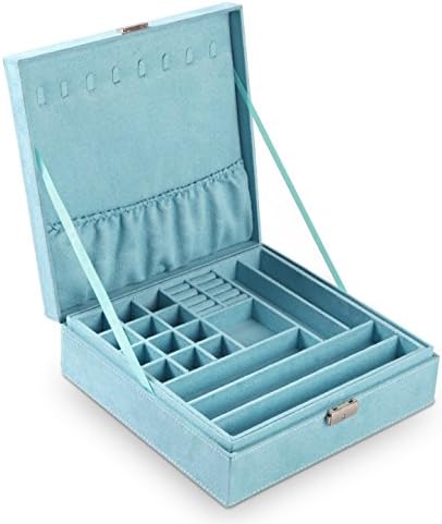 Sodynee Two-Layer Lint Jewelry Box Organizer Display Storage Case with Lock, Blue