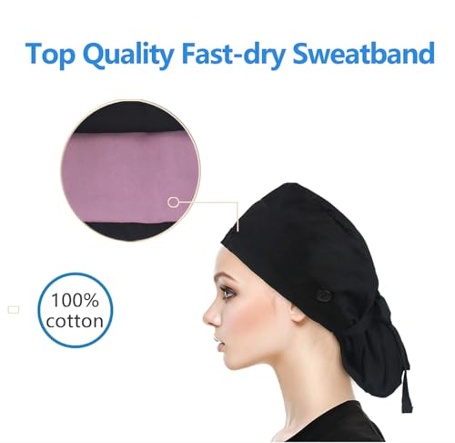 Image of QBA Adjustable Working Cap with Button, Satin-Lined Hat, Cotton Working Hat Sweatband, Elastic Tie Back Hats Unisex