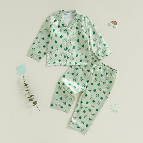 Toddler Boy Girl St Patricks Day Pajamas Set Cute Button Down Shamrock Print Shirt Long Pants Kids Sleepwear2