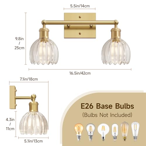 Image of Vintage Bathroom Light Fixtures,2-Light Rustic Vanity Lights for Bathroom,Hallway,16.5 in Brass Vanity Lights,Tulip Light Fixtures for Mirror with Clear Tulip Glass Shade for Bedroom,E26 Base