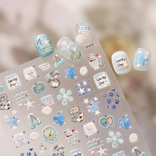 Image of Blue Nail Art Stickers Heart Clock Nail Decals Summer Nail Stickers 1Sheets | Cute Cartoon Nail Decals with Star Flower Design 5D Self Adhesive Cherry for Girls Daily Manicure Decor Accessories Supply