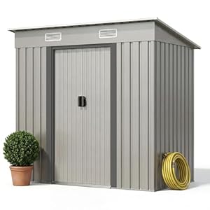 JUMMICO Metall Gerätehaus 3.63m³ Geräteschuppen 183x109x182cm, Gartenschuppen mit Fundament und Schiebetüre, Gartenhaus für Gartengeräte und Mülltonnen, Silber