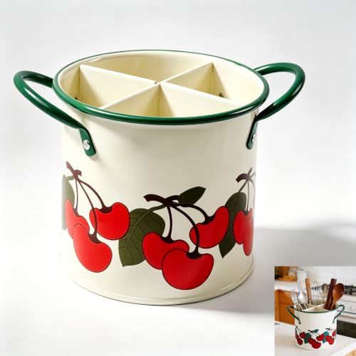 CJFNDFA Vintage Utensil Crock - vintage red Kitchen Decor Iron Organizer with Detachable Divider, 4-Compartment Drain Hole Utensil Holder for Vintage Kitchen Utensils & Accessories