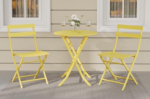 Garvee 3-Piece Outdoor Bistro Set, Folding Patio Bistro Sets with 1 Table and 2 Chairs, Metal Frame Bistro Table and Chairs Set of 2 for Small Space, Indoor, Outdoor, Porch, Lawn, Balcony, Yellow Garvee 3-Piece Outdoor Bistro Set, Folding Patio Bistro Sets with 1 Table and 2 Chairs, Metal Frame Bistro Table and Chairs Set of 2 for Small Space, Indoor, Outdoor, Porch, Lawn, Balcony, Yellow