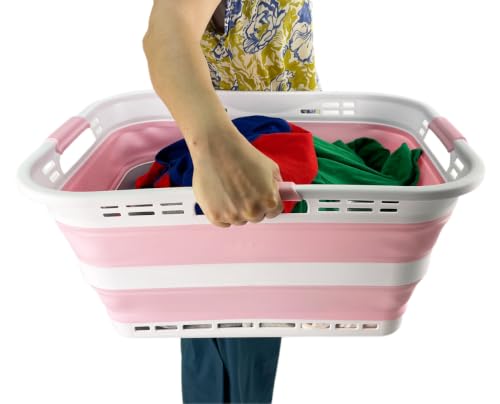 Image of SAMMART Set of 2 Collapsible Plastic Storage Basket - Foldable Pop Up Storage Container - Portable Laundry Organizer - Space Saving Hamper (White /Cherry Pink, 42L (Style A))