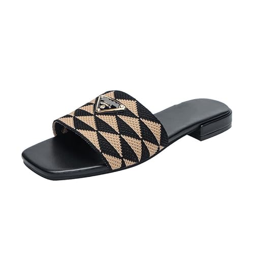 Alyaht The Story Of Shoes Knitted Flat Sandals Women'S Square Open-Toed Square-Toe Sandals Chunky Block Low-Heeled Slides cover