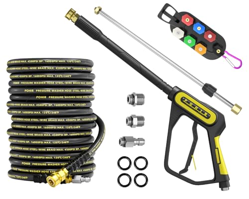 POHIR Pressure Washer Gun and Hose 4500PSIKit, 100FT 3/8'' Power Washing Hose Steel Braided with 40'' Extension Wand & M22-14/15mm Fitting & 7 Nozzle Tips for Cleaning