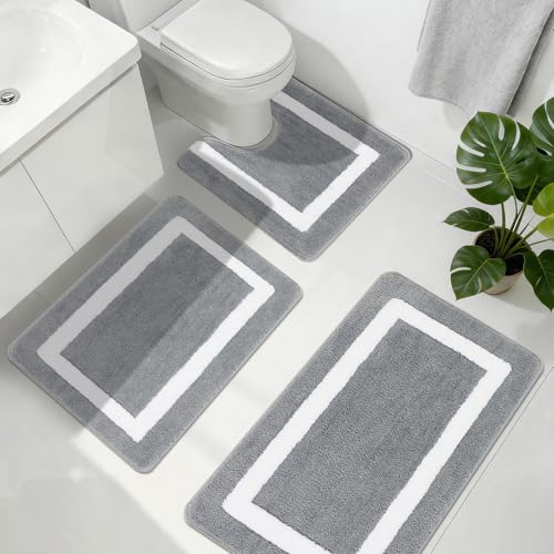 Famibay Bath Mat Sets 3 Pieces Non Slip Bathroom Mats and Toliet Rugs Super Water Absorbent Bath Rugs Machine Washable Microfiber Bathroom Floor Mats